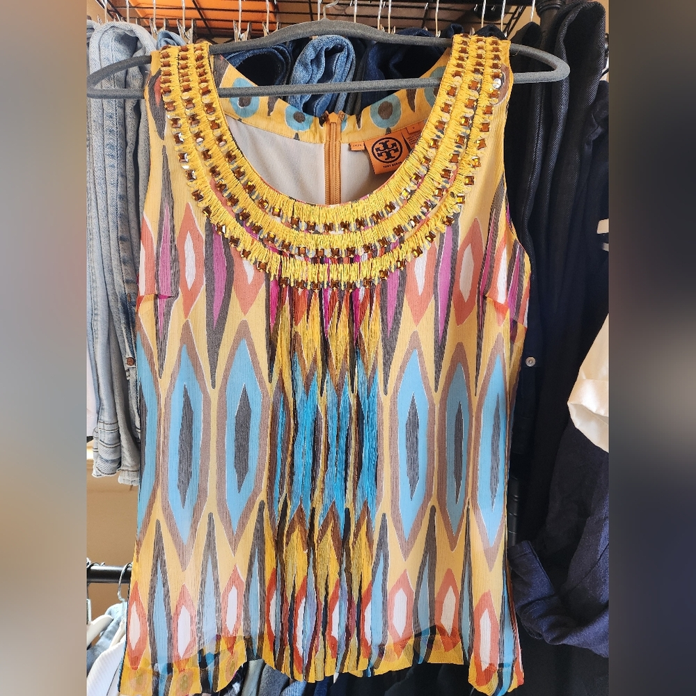 Tory Burch Beaded Yellow & Blue Sleeveless Top